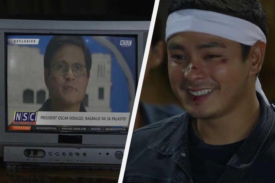 President  Oscar  Hidalgo  (Rowell  Santiago) clears  Cardo  (Coco  Martin) and  Task  Force  Agila  of  charges  in  his  televised  speech, in  the  July  26 episode  of  ‘FPJ’s  Ang  Probinsyano.’ ABS-CBN