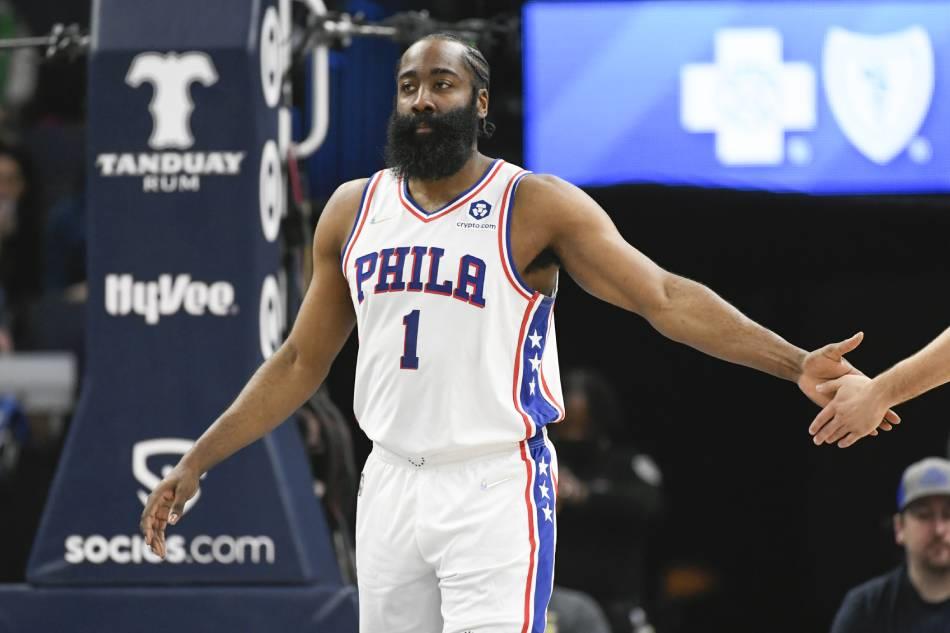 Philadelphia  76ers  guard  James  Harden  goes  to  the  line  after  being  fouled  during  the  first  half  of  their  NBA  game  against  the  Minnesota  Timberwolves  at  Target  Center  in  Minneapolis, Minnesota, USA, 25 February  2022. File  photo. Craig  Lassig, EPA-EFE.